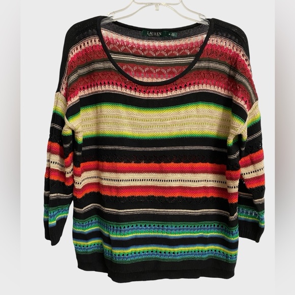 Lauren Ralph Lauren Multicolor Striped Open Knit Sweater Women's Size M Preppy - Picture 2 of 16